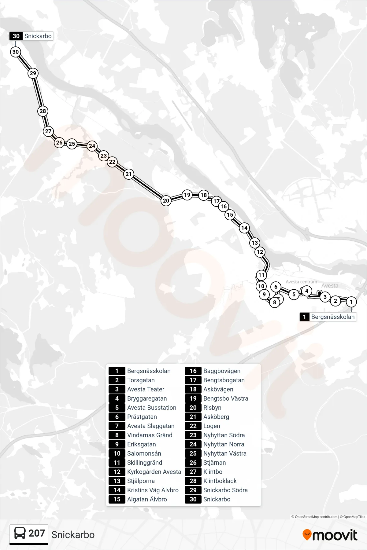 Rutt och hållplatser på karta för linje 207 spårvagn, (Snickarbo)