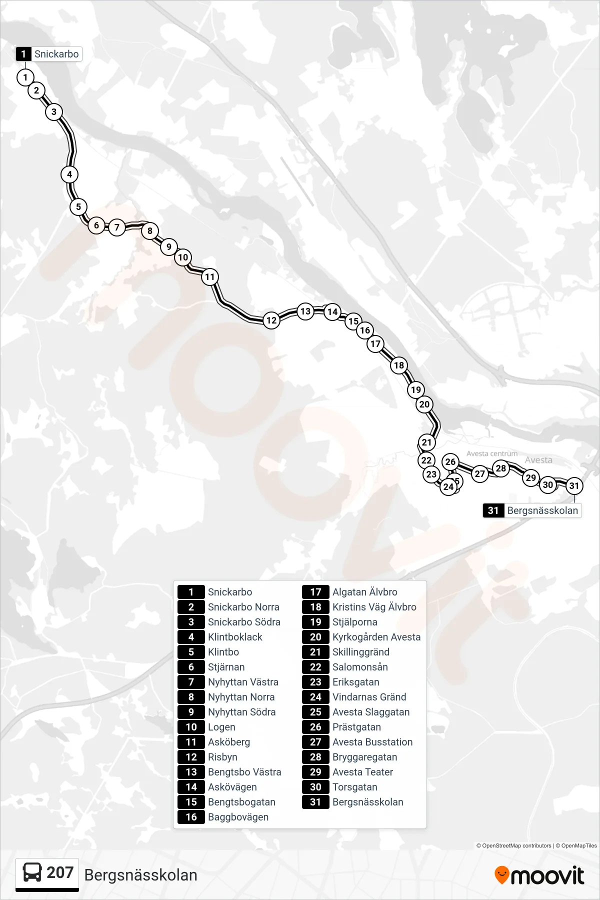 Rutt och hållplatser på karta för linje 207  spårvagn, (Bergsnässkolan)