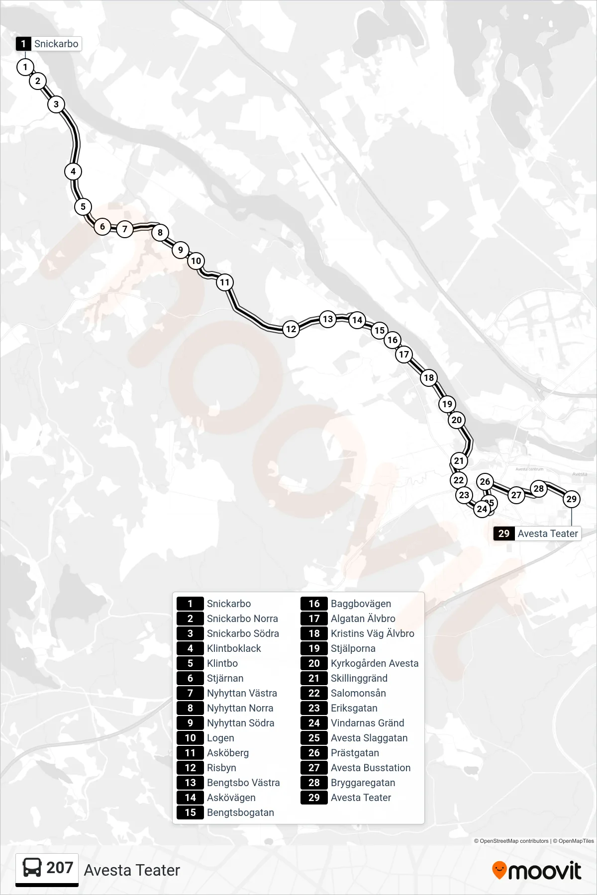 Rutt och hållplatser på karta för linje 207  spårvagn, (Avesta Teater)