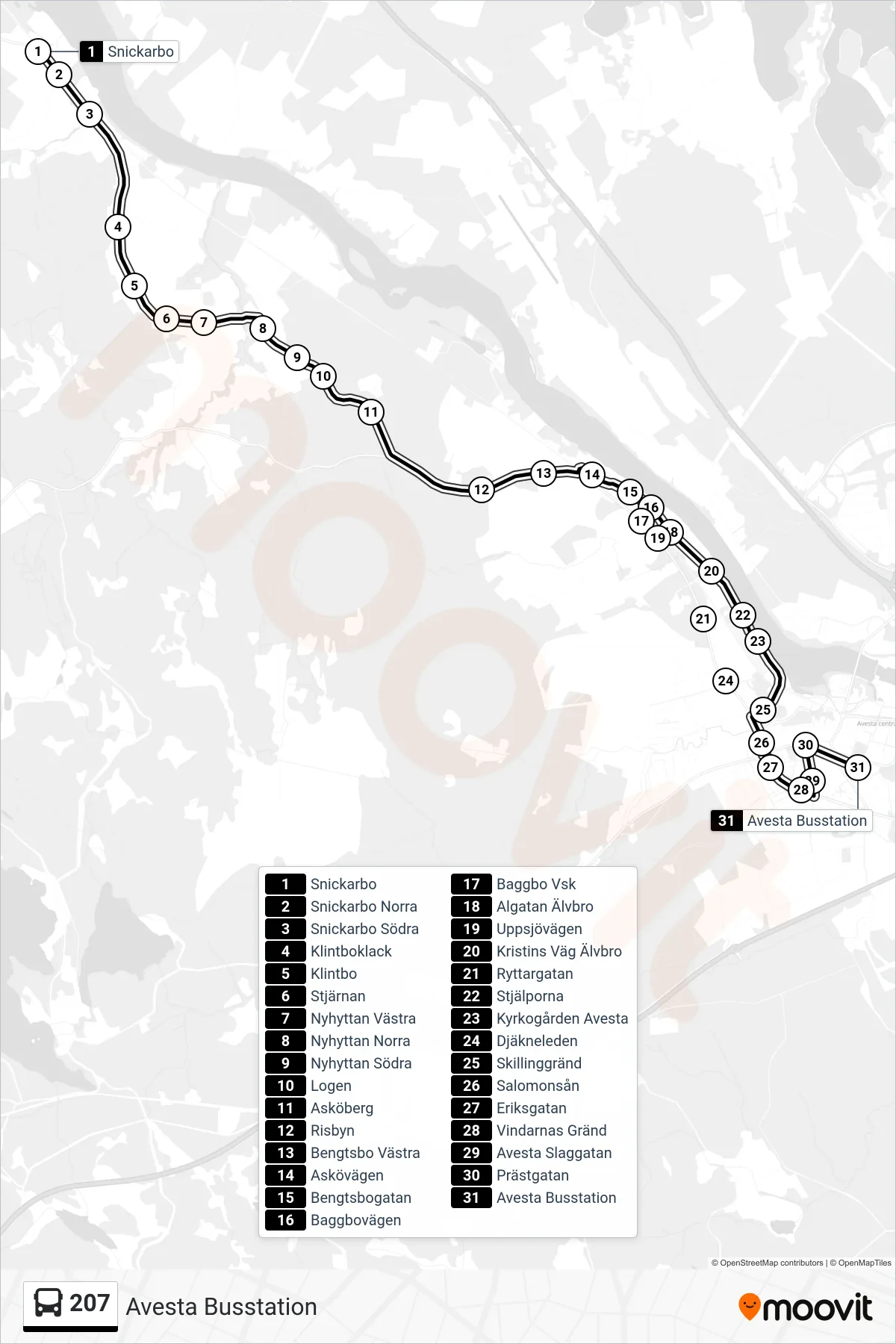 Rutt och hållplatser på karta för linje 207  spårvagn, (Avesta Busstation)