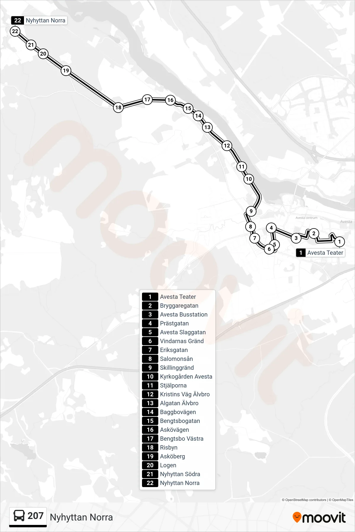 Rutt och hållplatser på karta för linje 207 spårvagn, (Nyhyttan Norra)