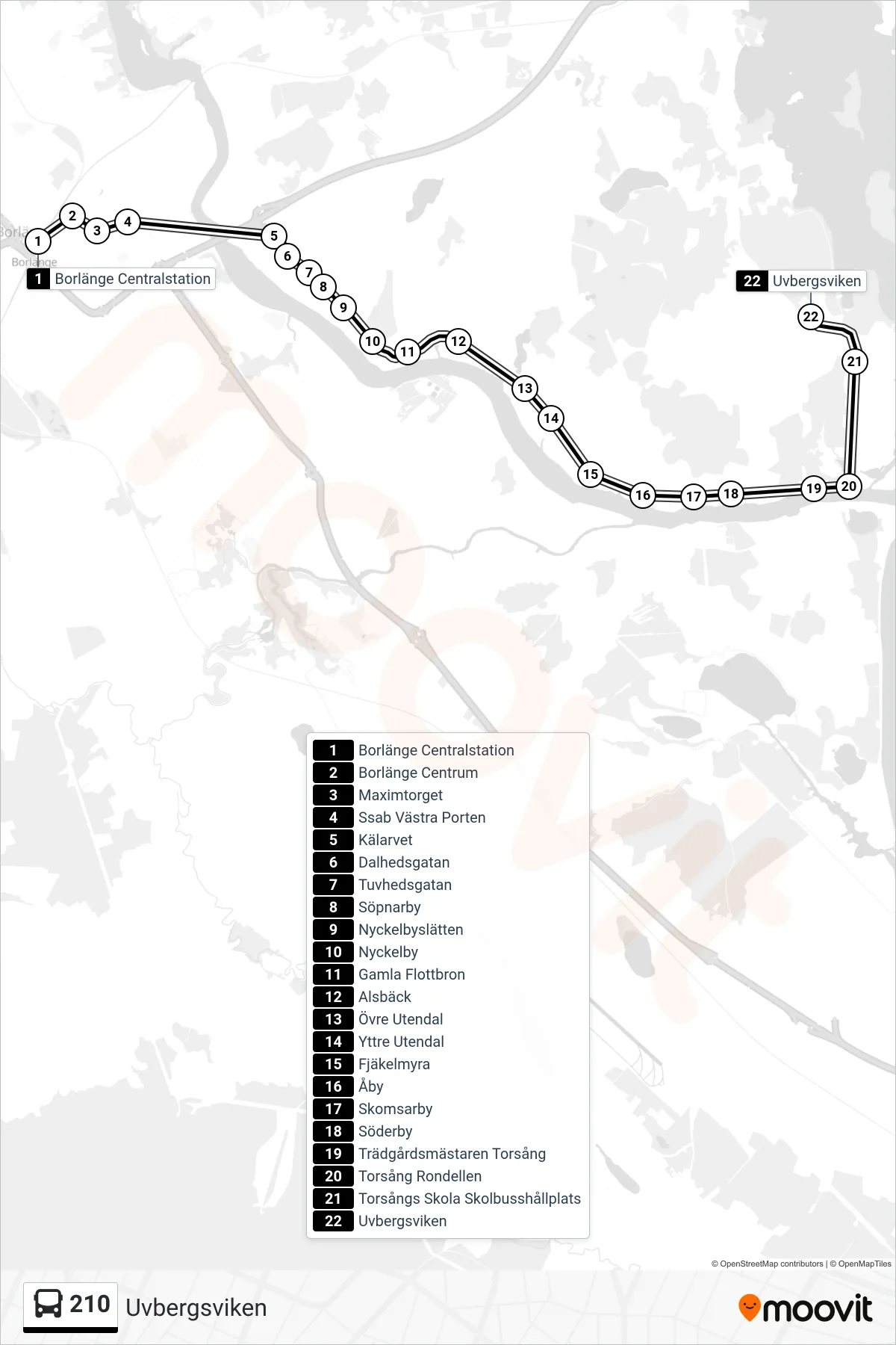 Rutt och hållplatser på karta för linje 210  spårvagn, (Uvbergsviken)
