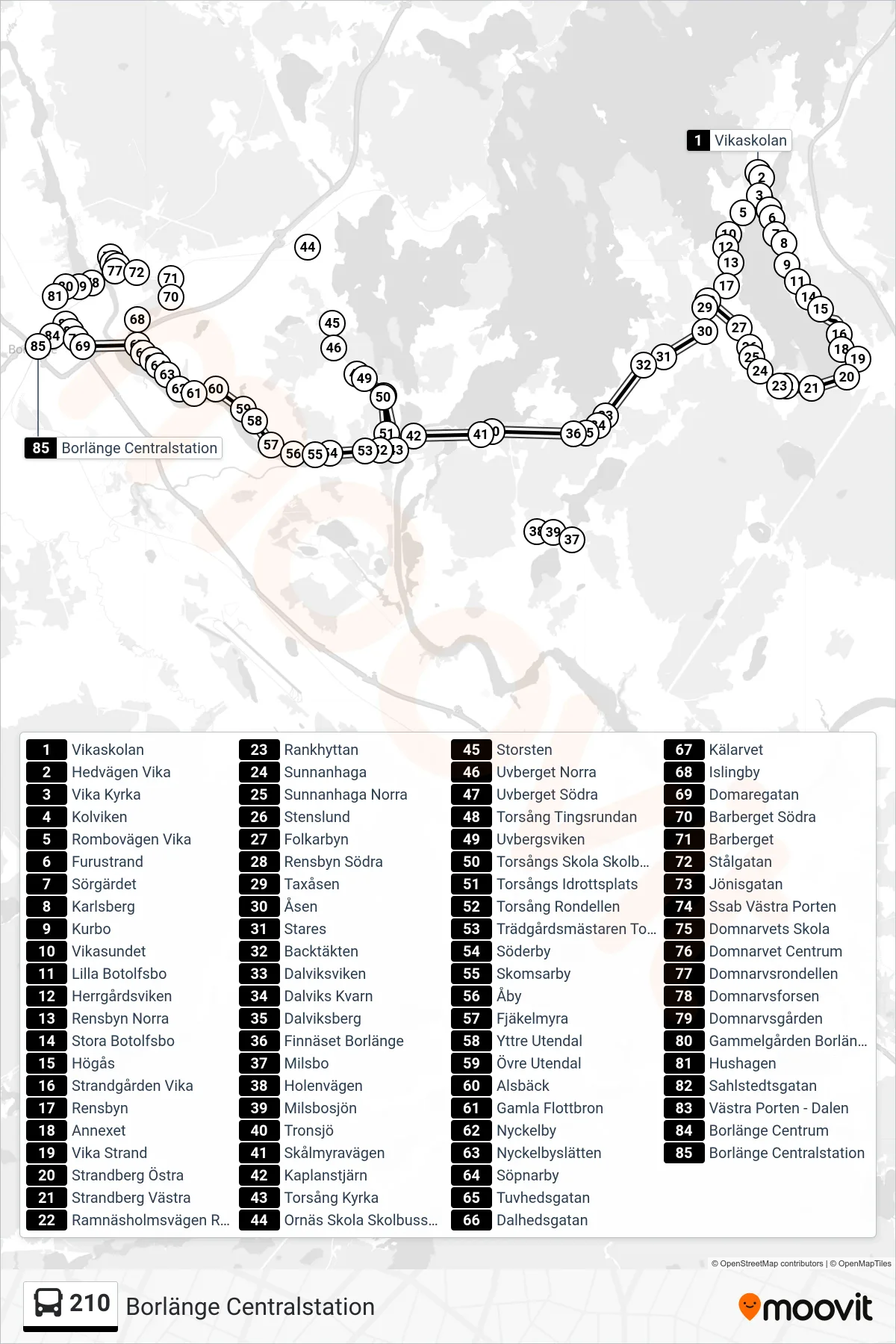 Rutt och hållplatser på karta för linje 210  spårvagn, (Borlänge Centralstation)
