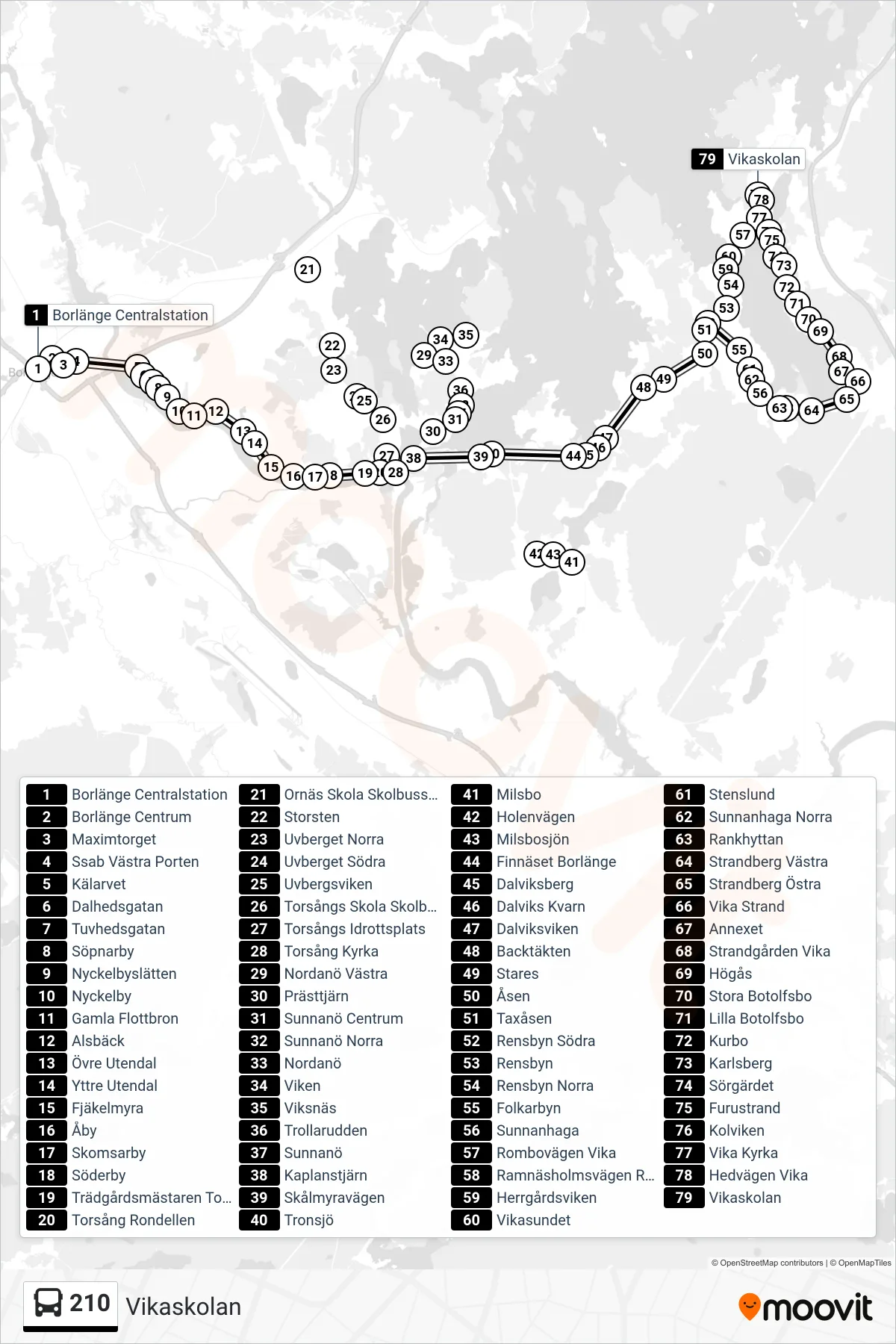 Rutt och hållplatser på karta för linje 210 spårvagn, (Vikaskolan)