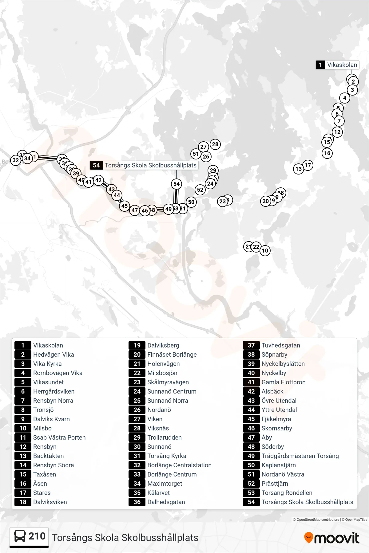 Rutt och hållplatser på karta för linje 210 spårvagn, (Torsångs Skola Skolbusshållplats)