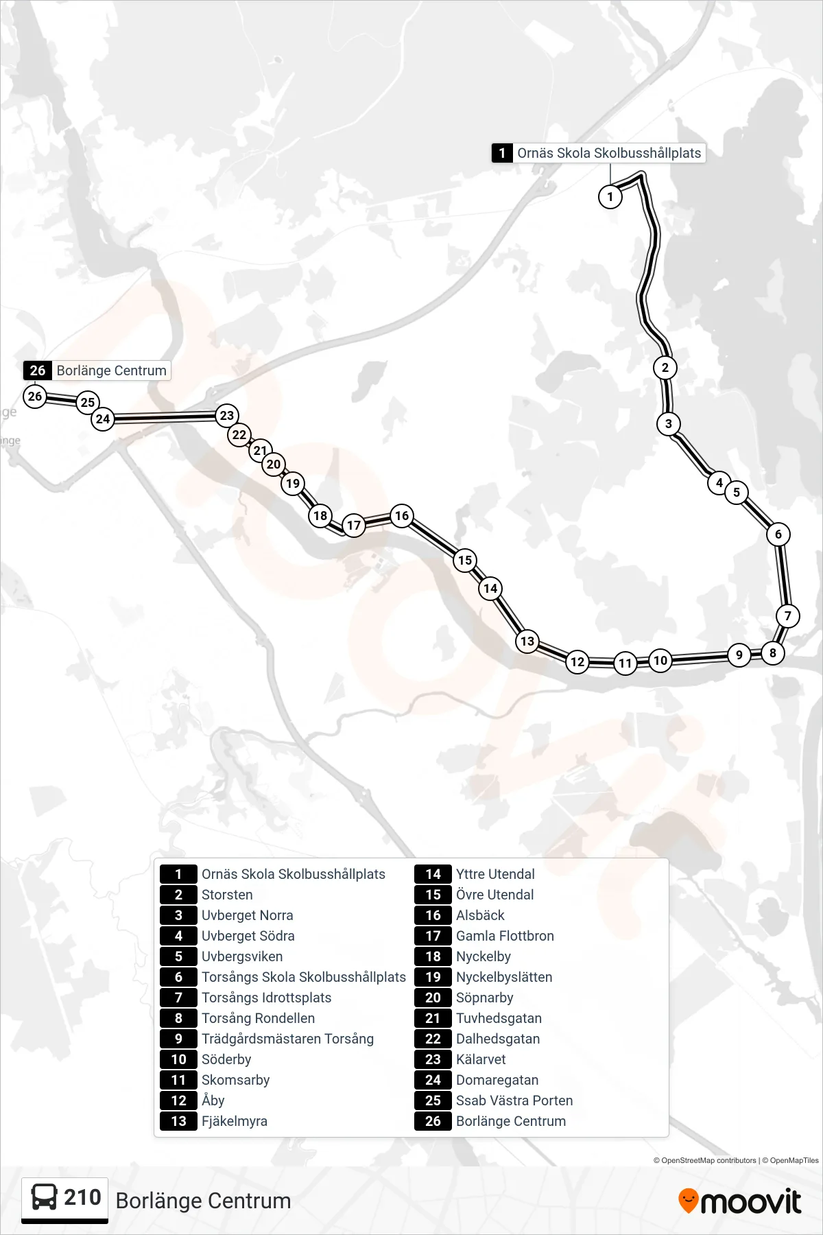 Rutt och hållplatser på karta för linje 210 spårvagn, (Borlänge Centrum)