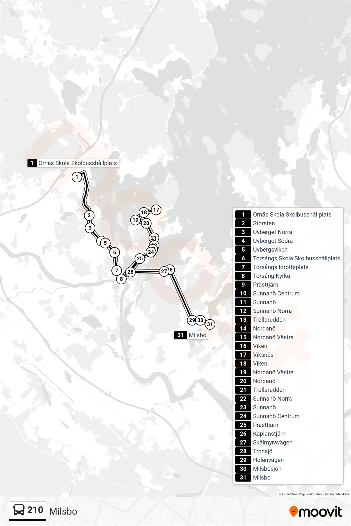 Rutt och hållplatser på karta för linje 210 spårvagn, (Milsbo)