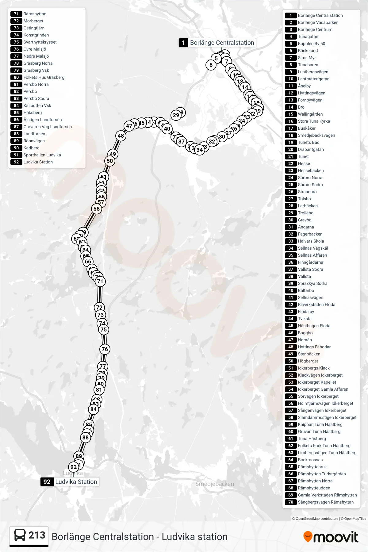 Rutt och hållplatser på karta för linje 213 spårvagn, (Ludvika Station)