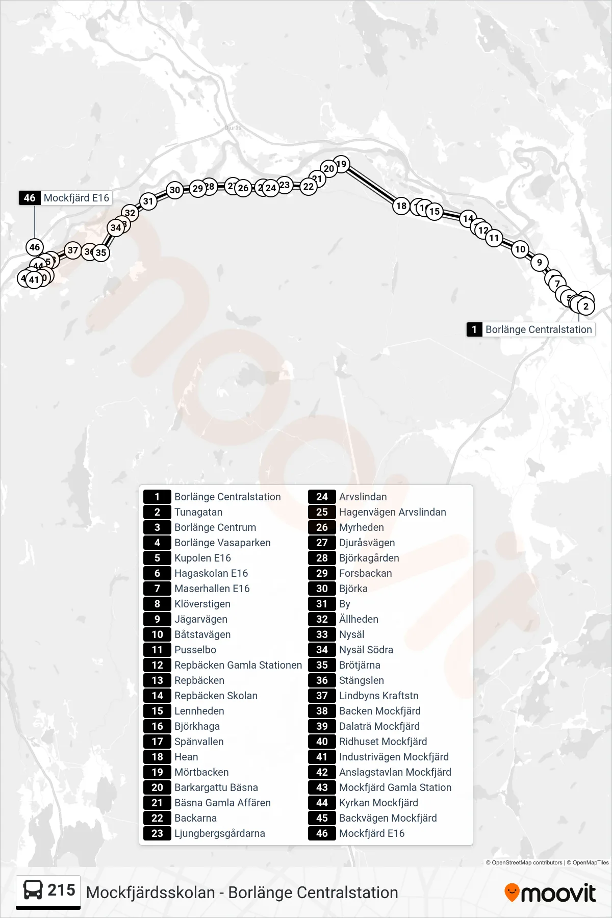 Rutt och hållplatser på karta för linje 215  spårvagn, (Mockfjärd E16)