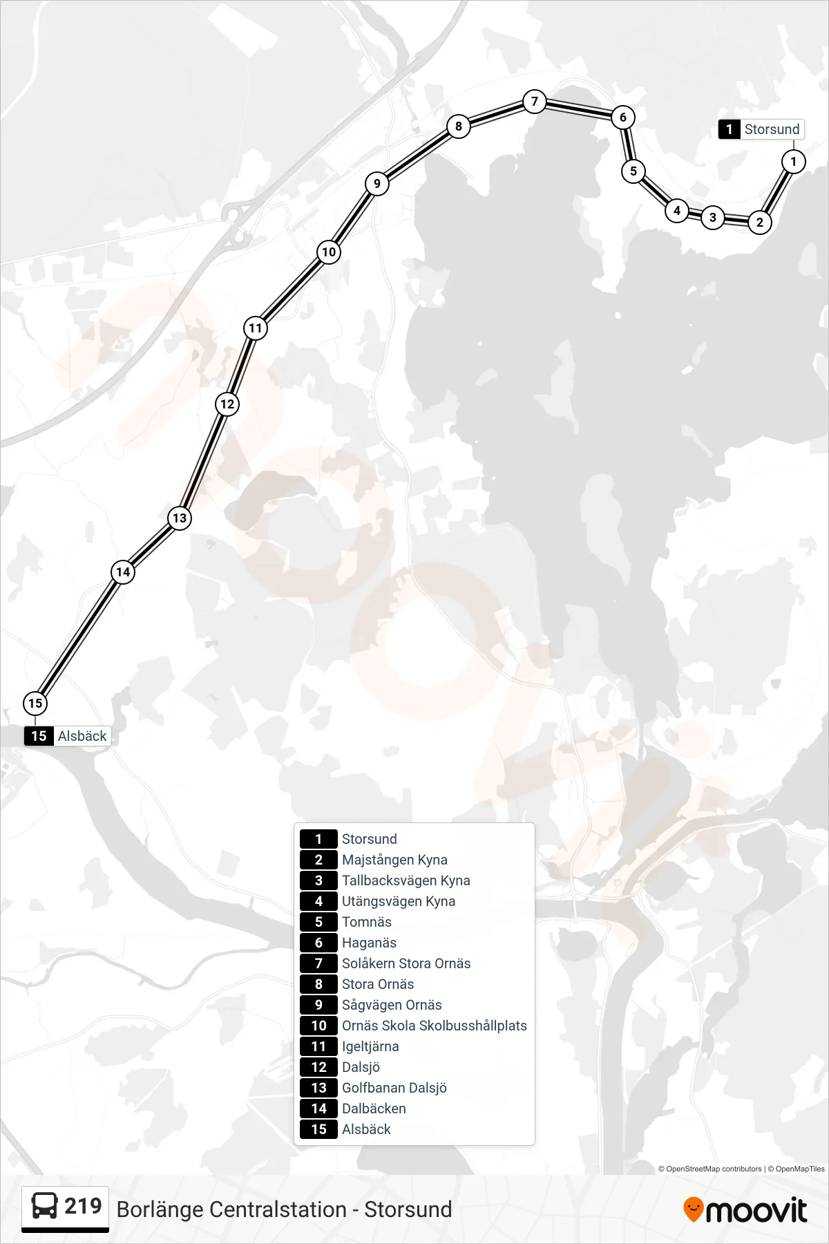 Rutt och hållplatser på karta för linje 219  spårvagn, (Alsbäck)