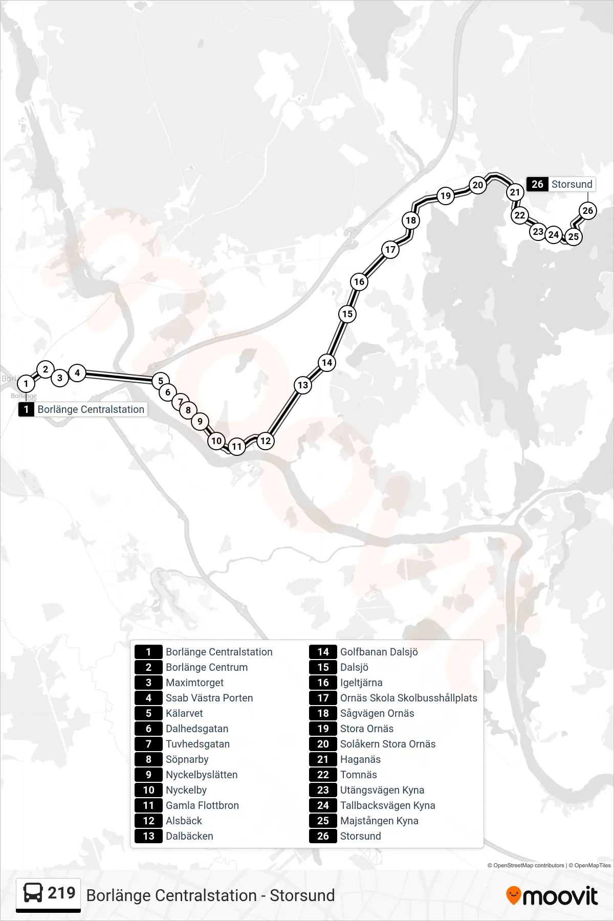 Rutt och hållplatser på karta för linje 219 spårvagn, (Storsund)