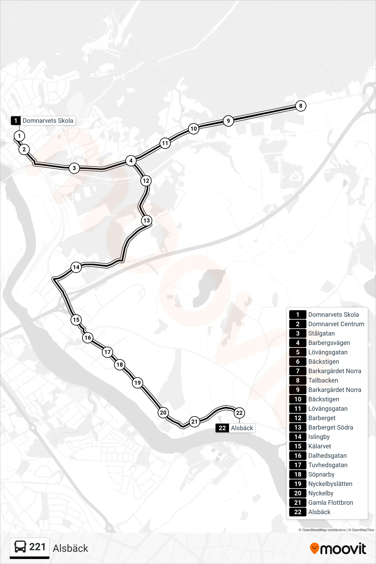 Rutt och hållplatser på karta för linje 221 spårvagn, (Alsbäck)