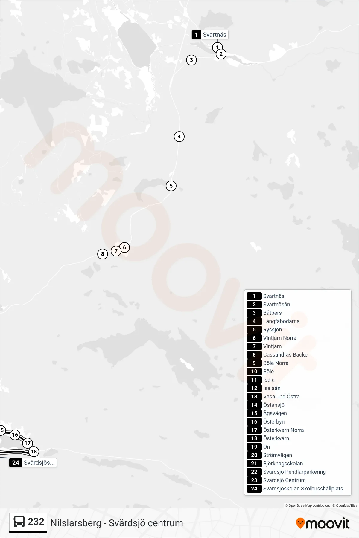 Rutt och hållplatser på karta för linje 232 spårvagn, (Svärdsjöskolan Skolbusshållplats)