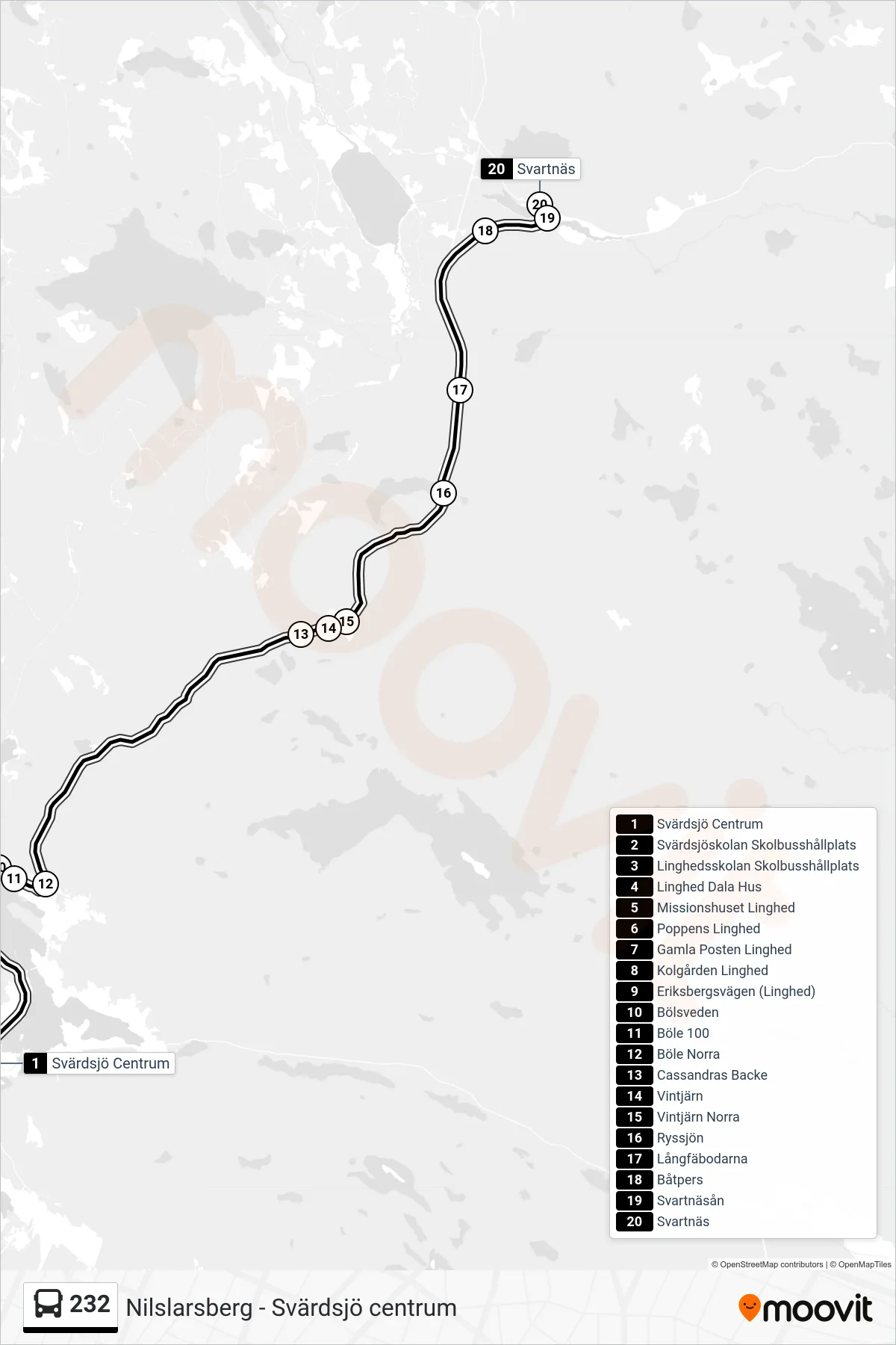Rutt och hållplatser på karta för linje 232  spårvagn, (Svartnäs)