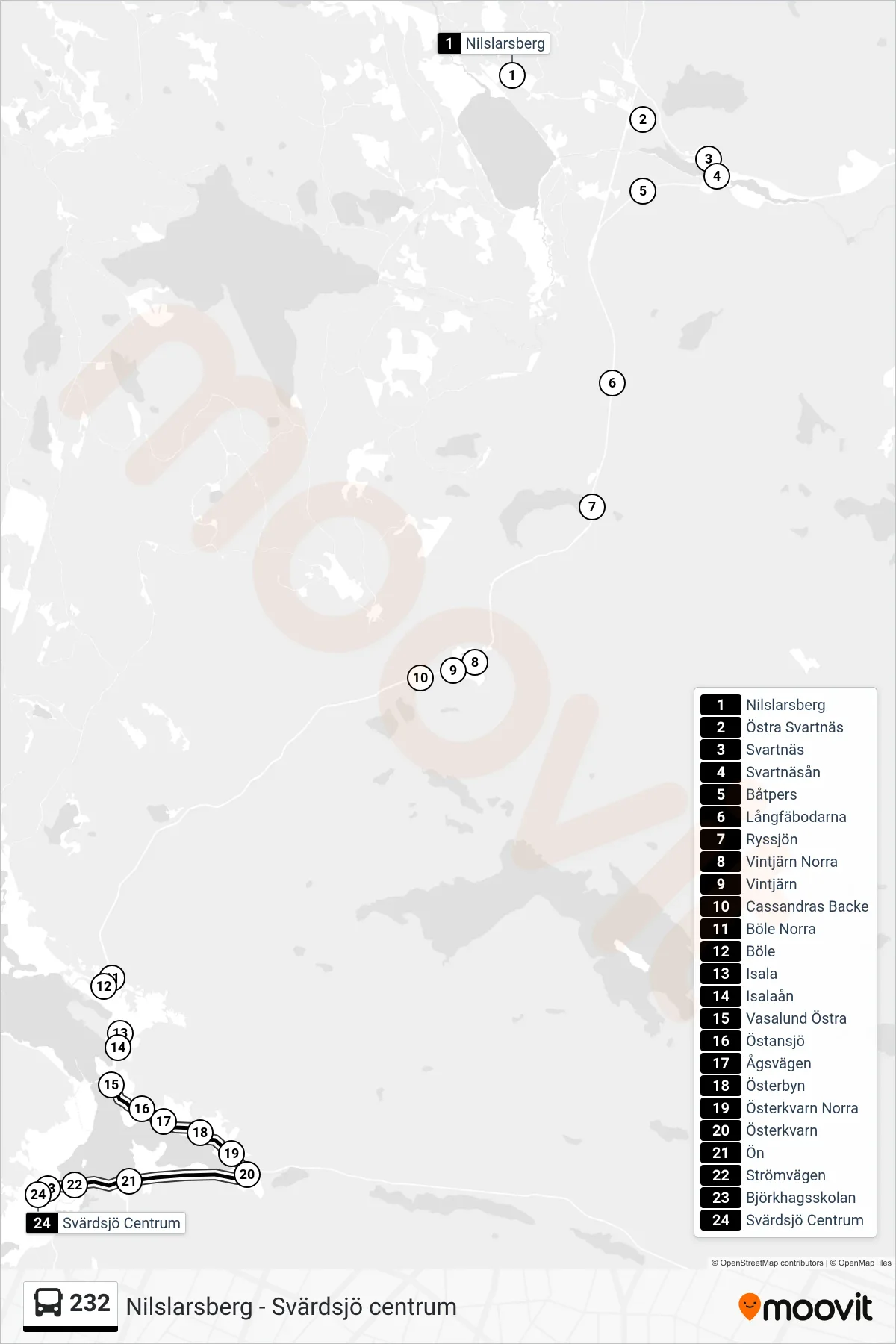 Rutt och hållplatser på karta för linje 232 spårvagn, (Svärdsjö Centrum)