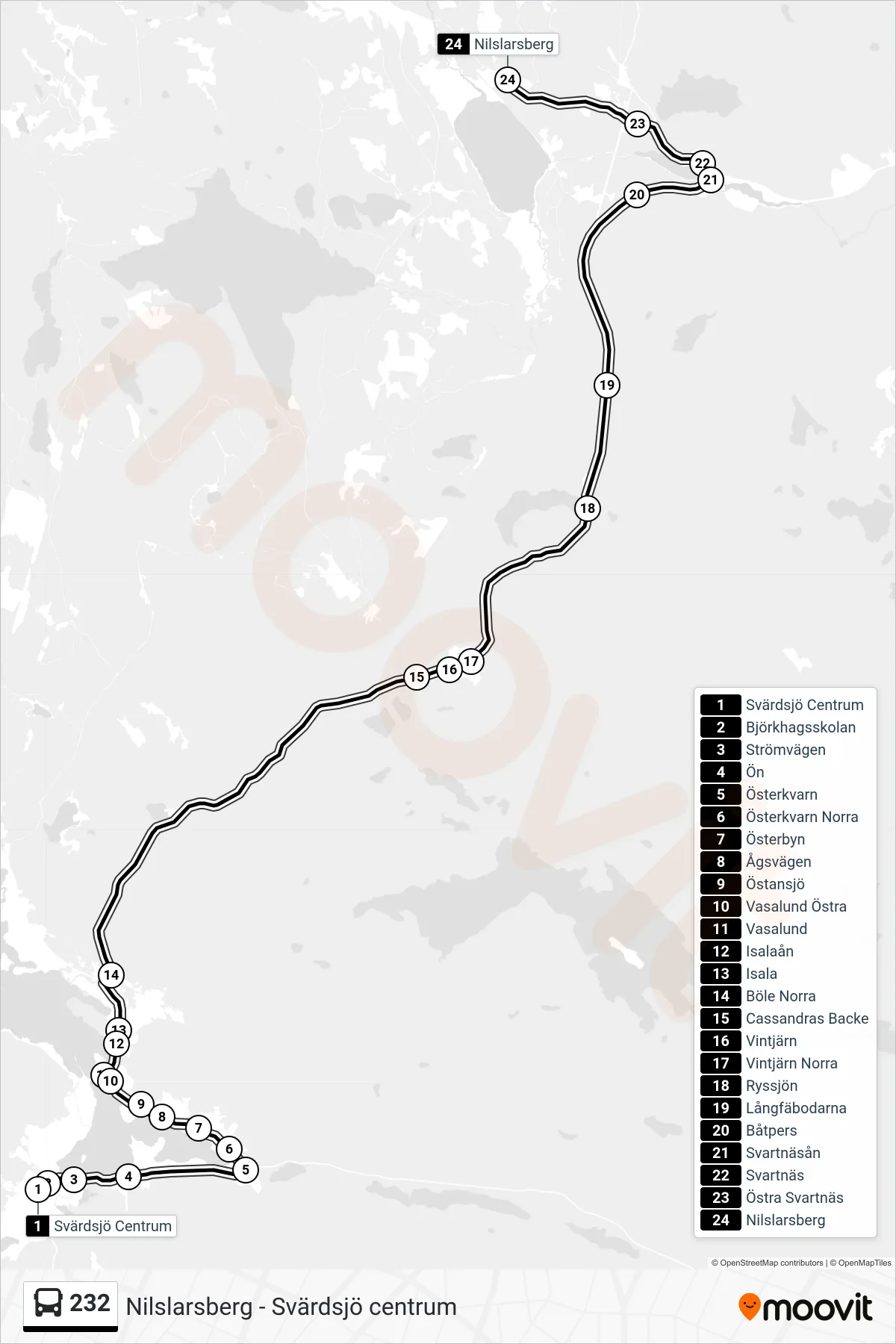 Rutt och hållplatser på karta för linje 232  spårvagn, (Nilslarsberg)