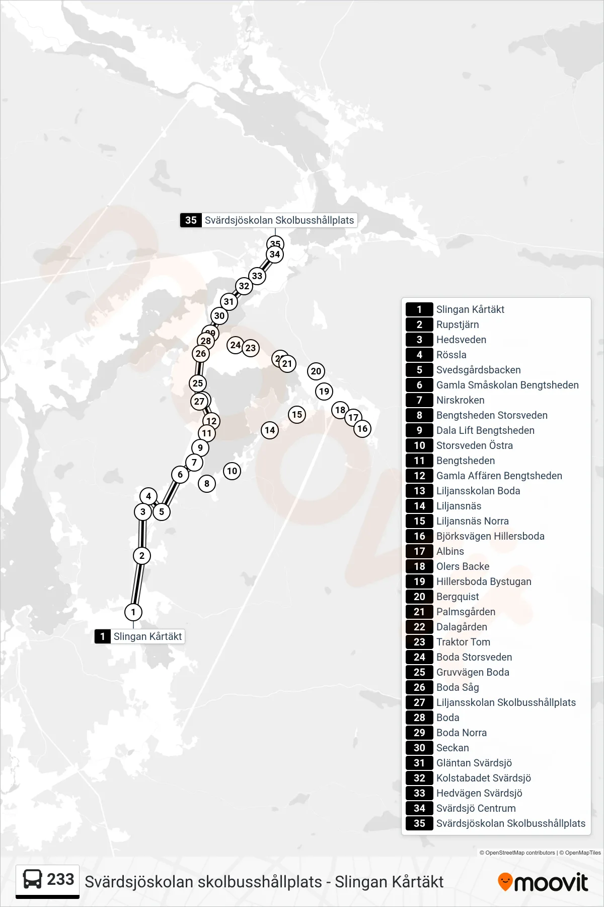 Rutt och hållplatser på karta för linje 233 spårvagn, (Svärdsjöskolan Skolbusshållplats)
