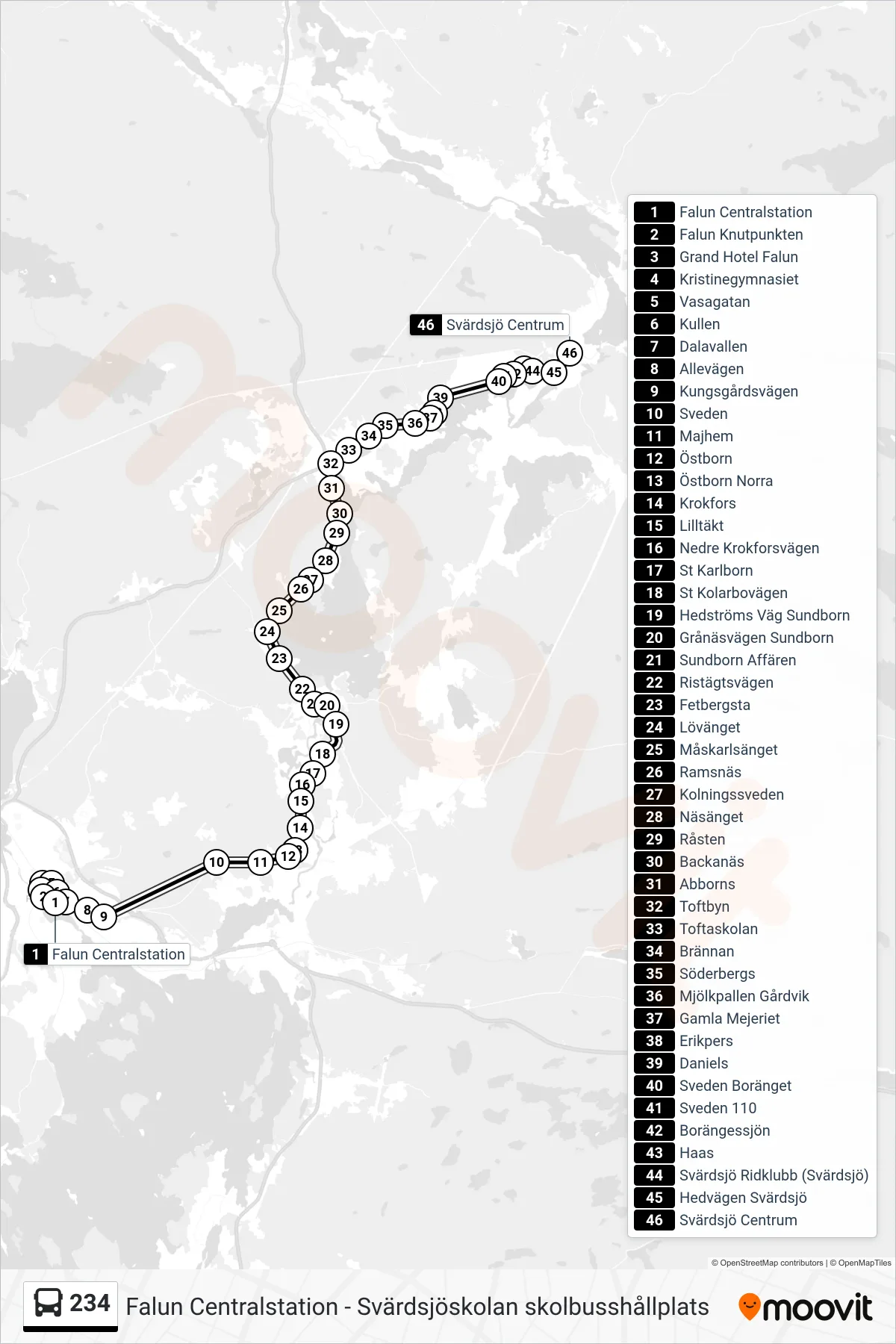 Rutt och hållplatser på karta för linje 234  spårvagn, (Svärdsjö Centrum)