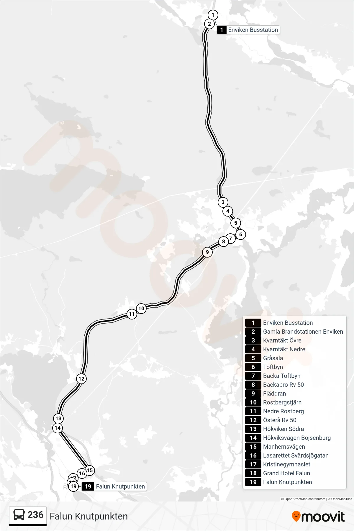 Rutt och hållplatser på karta för linje 236 spårvagn, (Falun Knutpunkten)