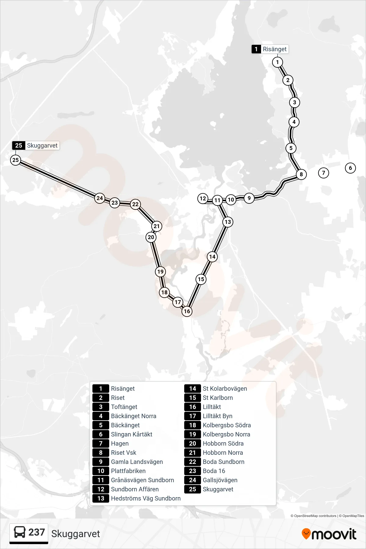 Rutt och hållplatser på karta för linje 237 spårvagn, (Skuggarvet)