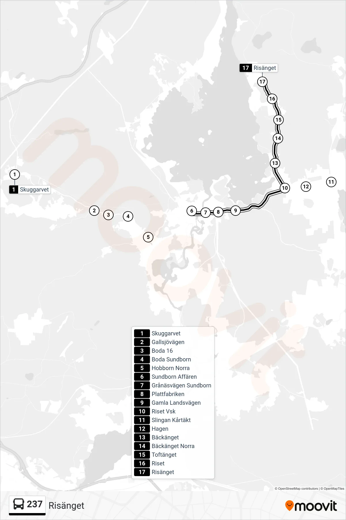 Rutt och hållplatser på karta för linje 237  spårvagn, (Risänget)