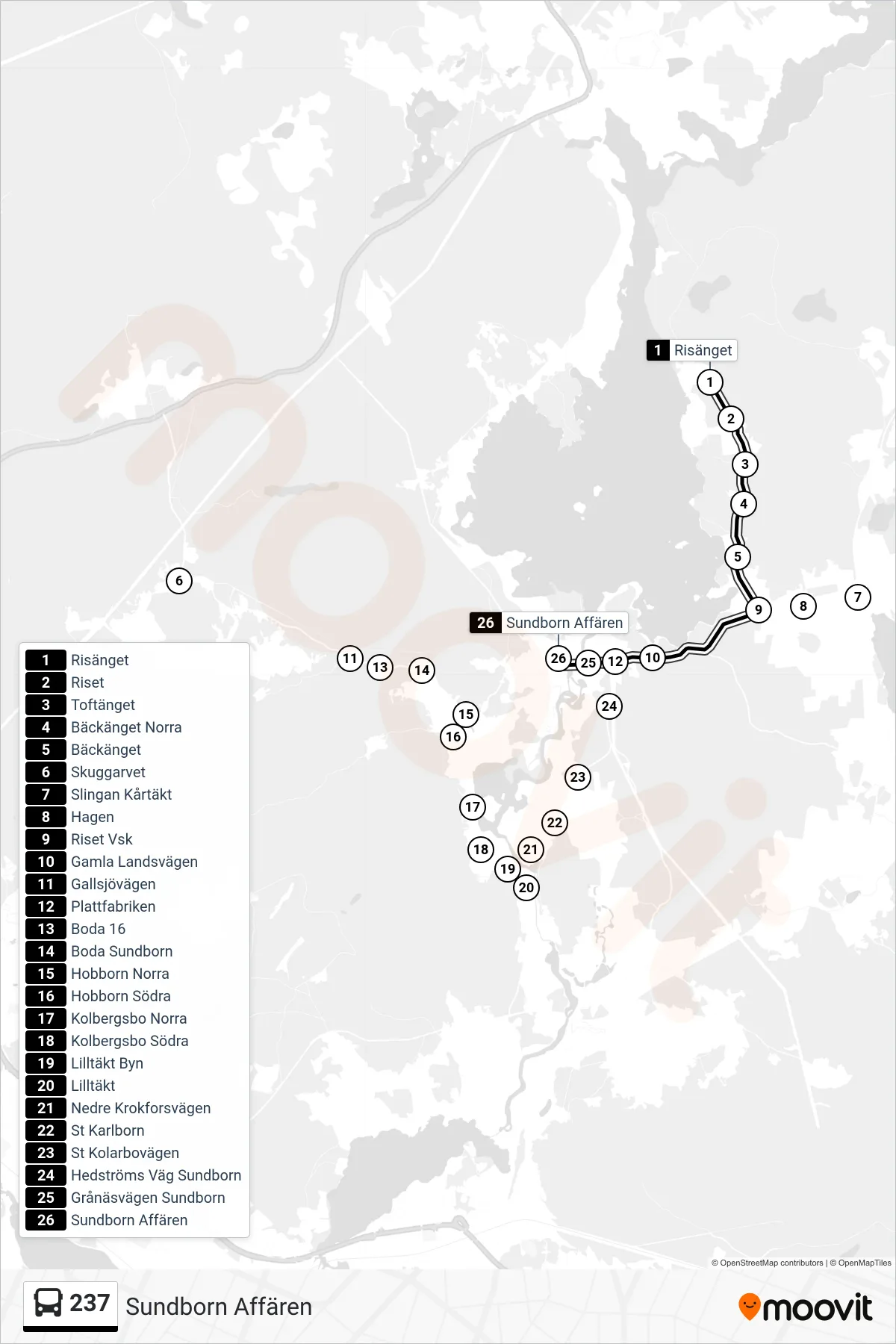 Rutt och hållplatser på karta för linje 237  spårvagn, (Sundborn Affären)
