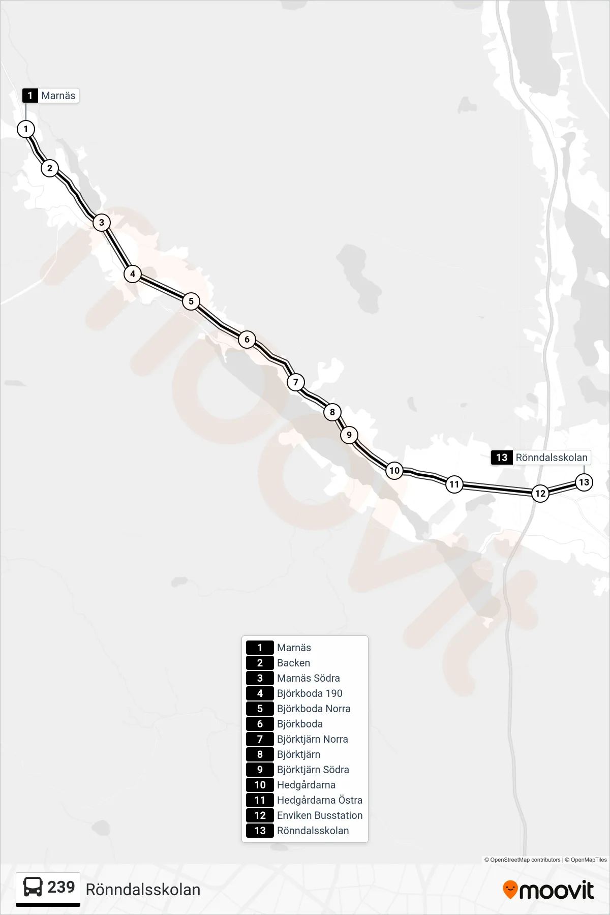 Rutt och hållplatser på karta för linje 239  spårvagn, (Rönndalsskolan)