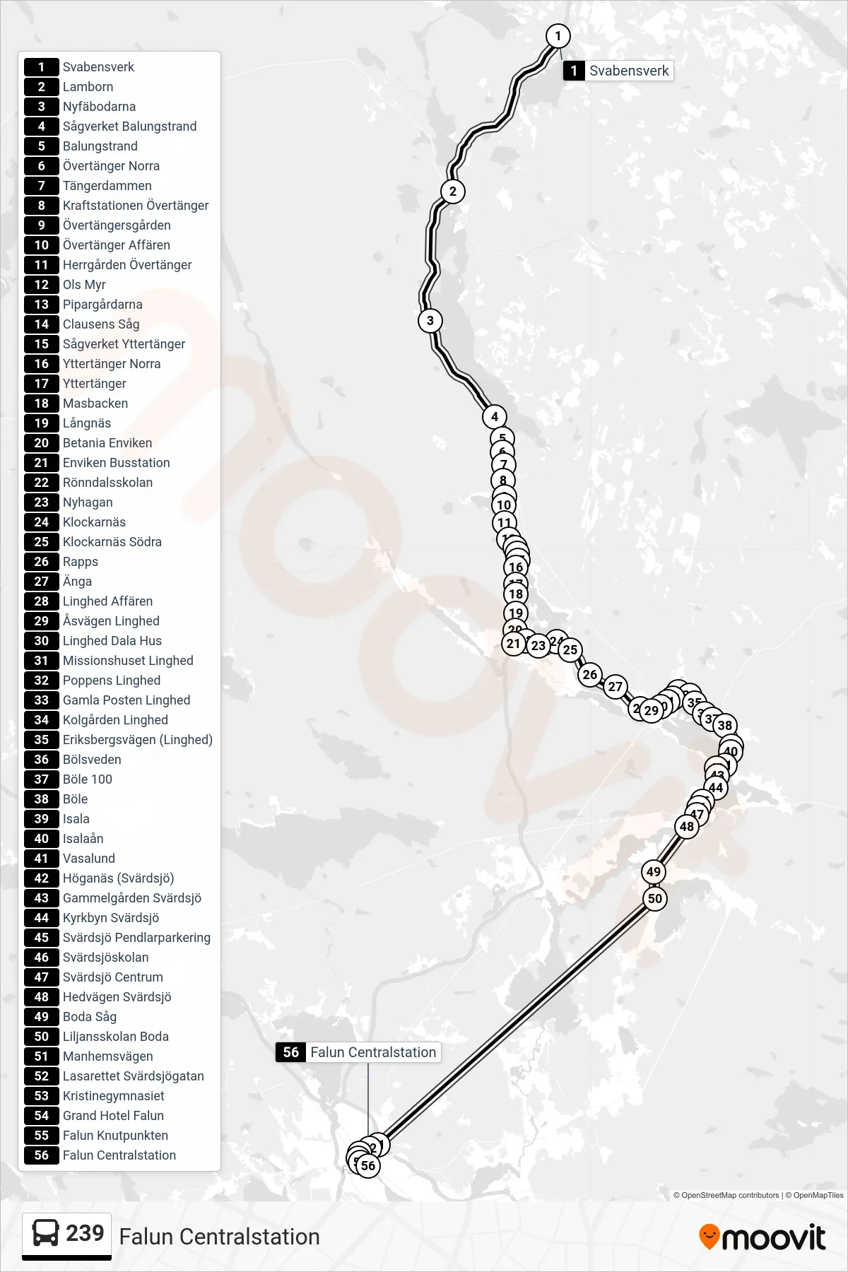Rutt och hållplatser på karta för linje 239  spårvagn, (Falun Centralstation)