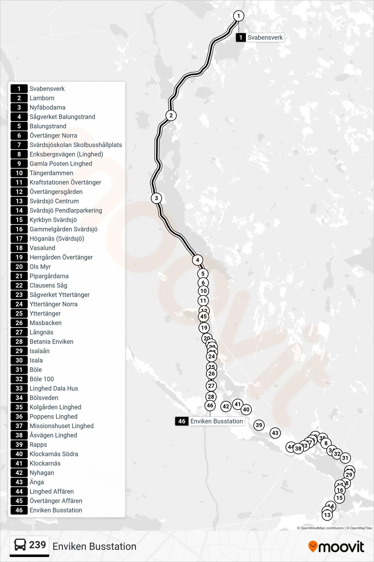 Rutt och hållplatser på karta för linje 239 spårvagn, (Enviken Busstation)