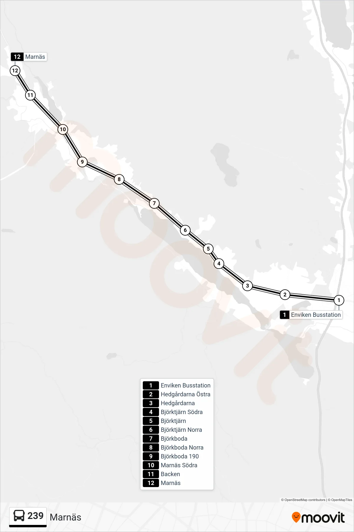 Rutt och hållplatser på karta för linje 239 spårvagn, (Marnäs)