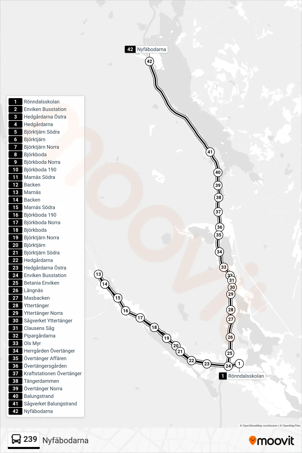 Rutt och hållplatser på karta för linje 239  spårvagn, (Nyfäbodarna)