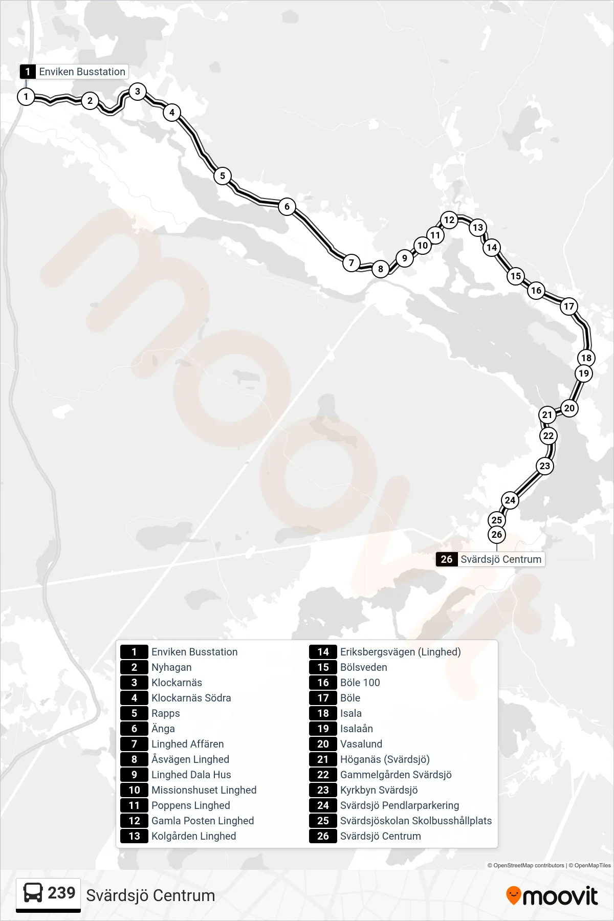 Rutt och hållplatser på karta för linje 239 spårvagn, (Svärdsjö Centrum)