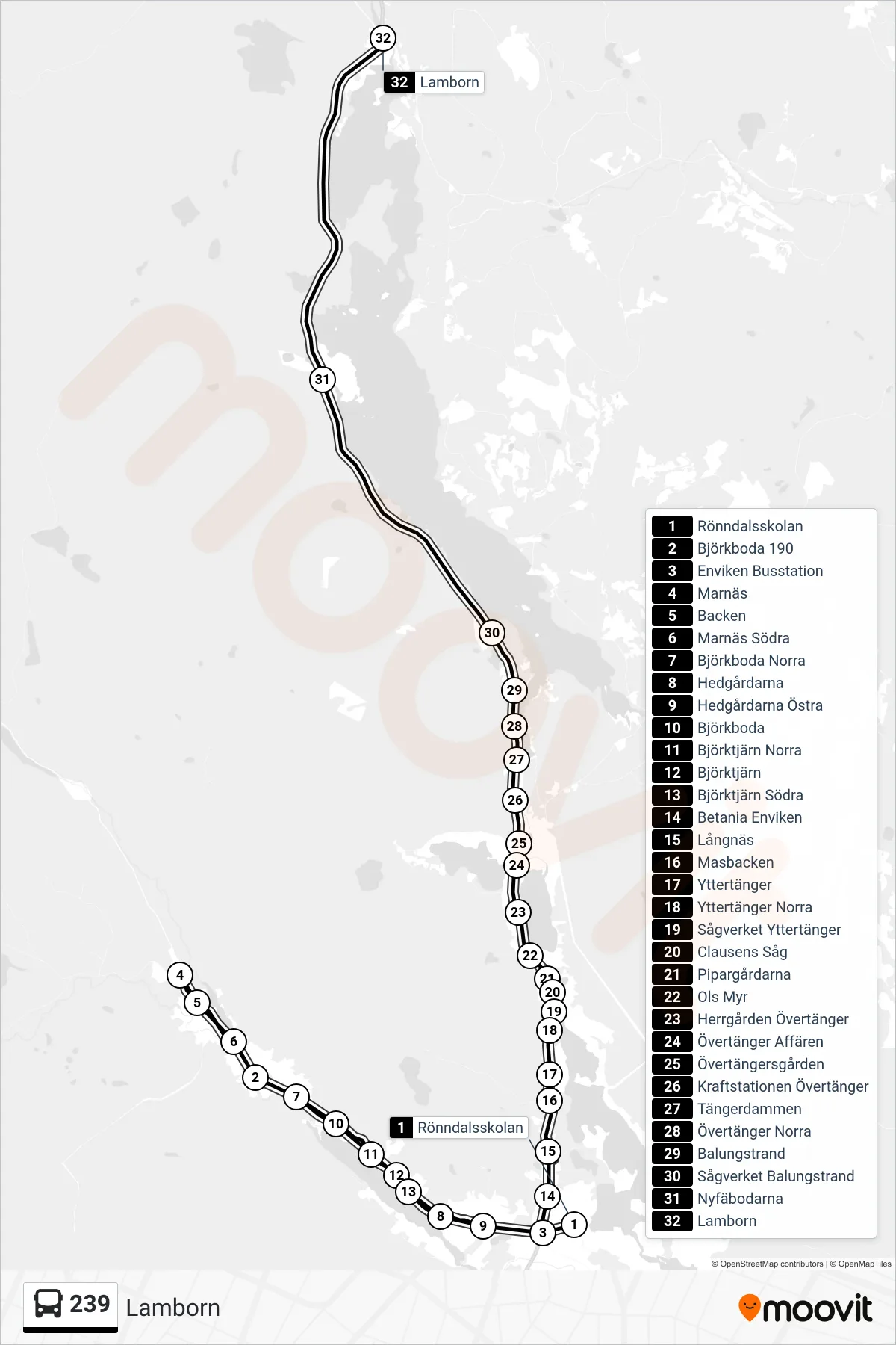 Rutt och hållplatser på karta för linje 239 spårvagn, (Lamborn)