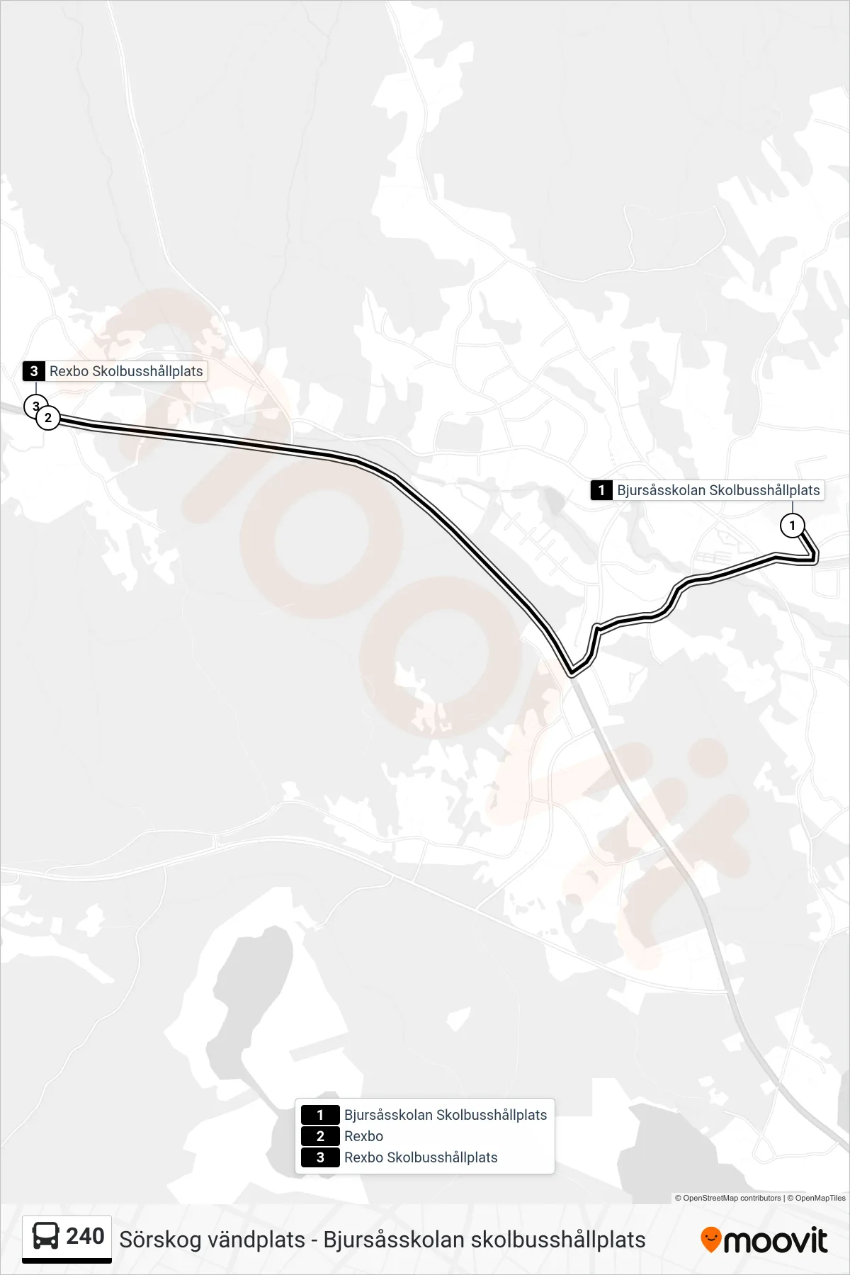 Rutt och hållplatser på karta för linje 240 spårvagn, (Rexbo Skolbusshållplats)