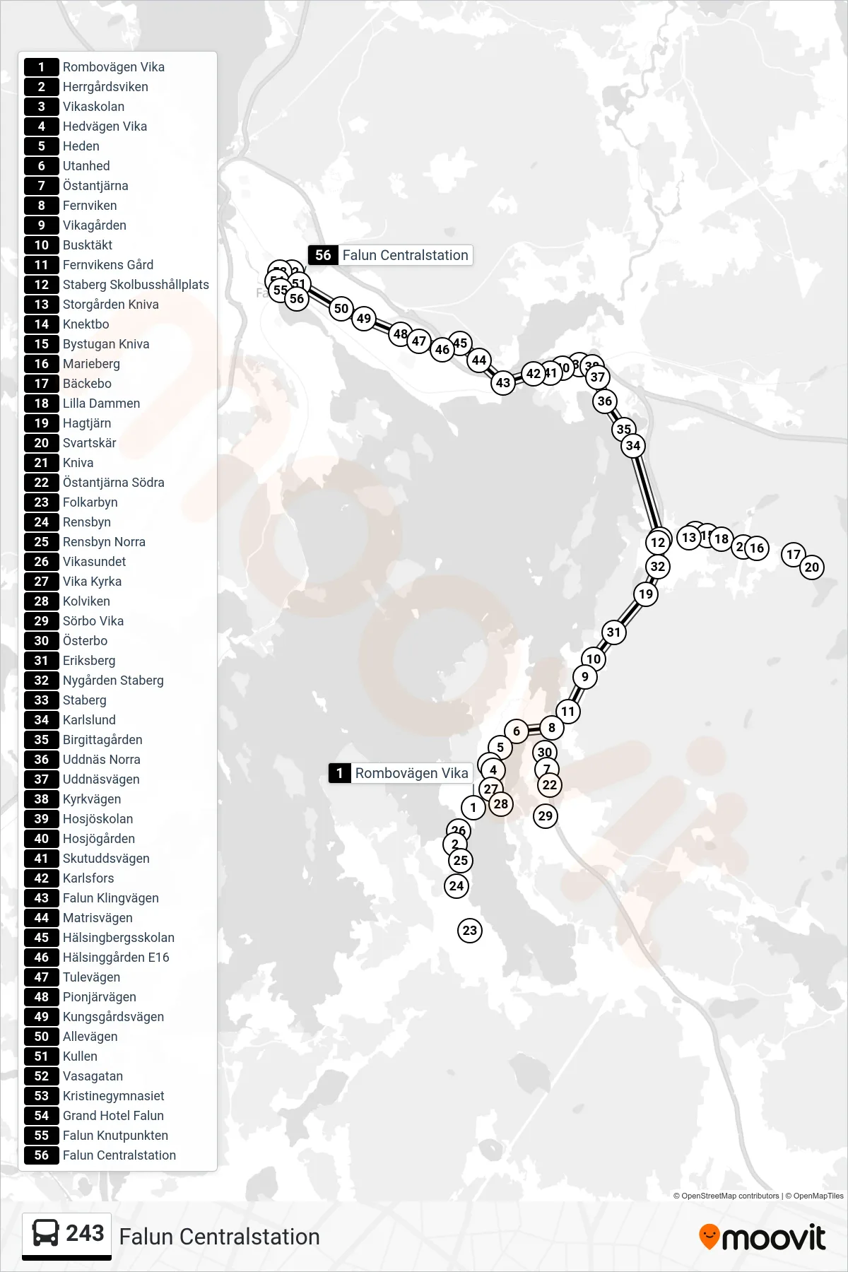 Rutt och hållplatser på karta för linje 243 spårvagn, (Falun Centralstation)