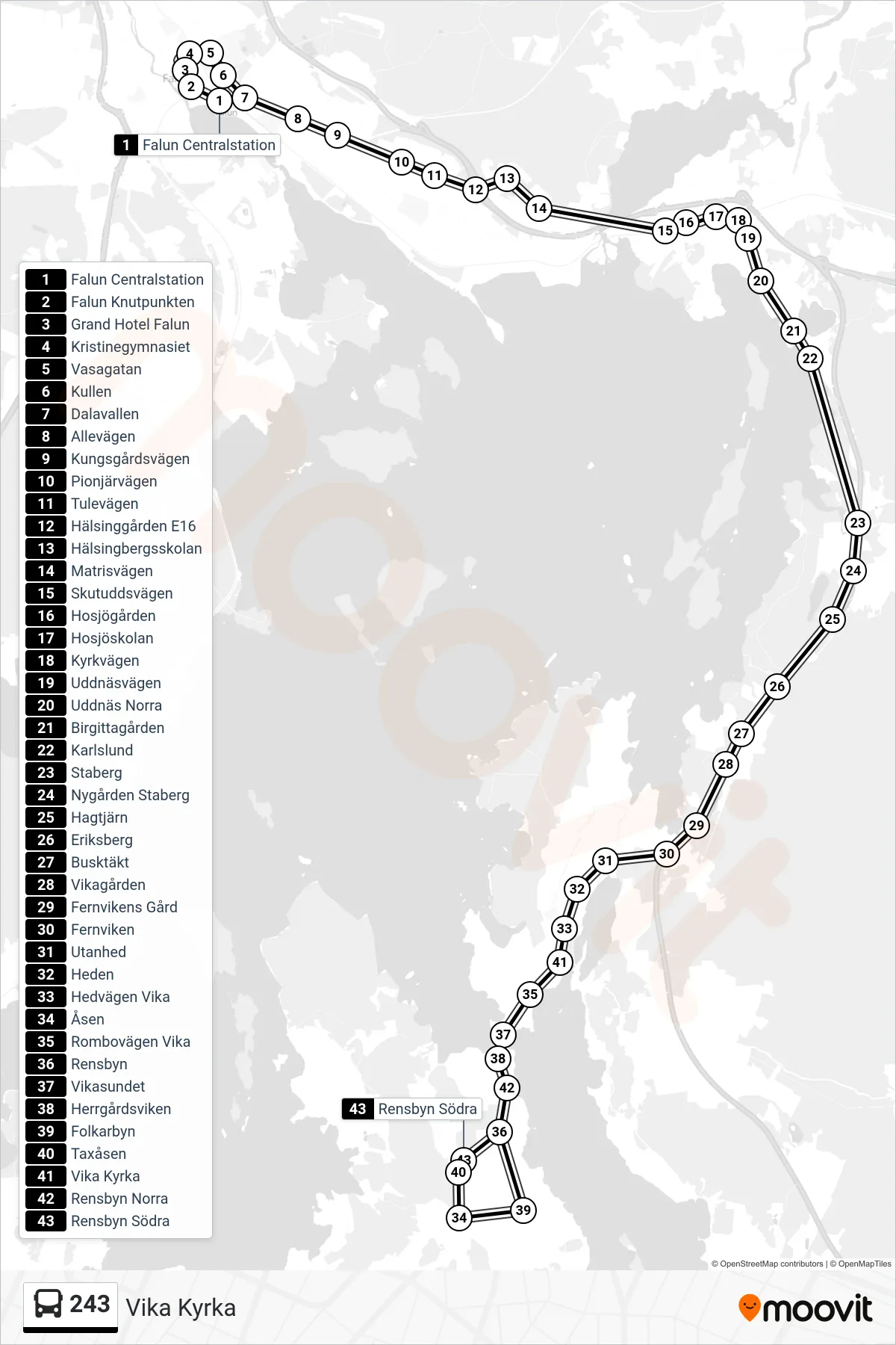 Rutt och hållplatser på karta för linje 243 spårvagn, (Vika Kyrka)