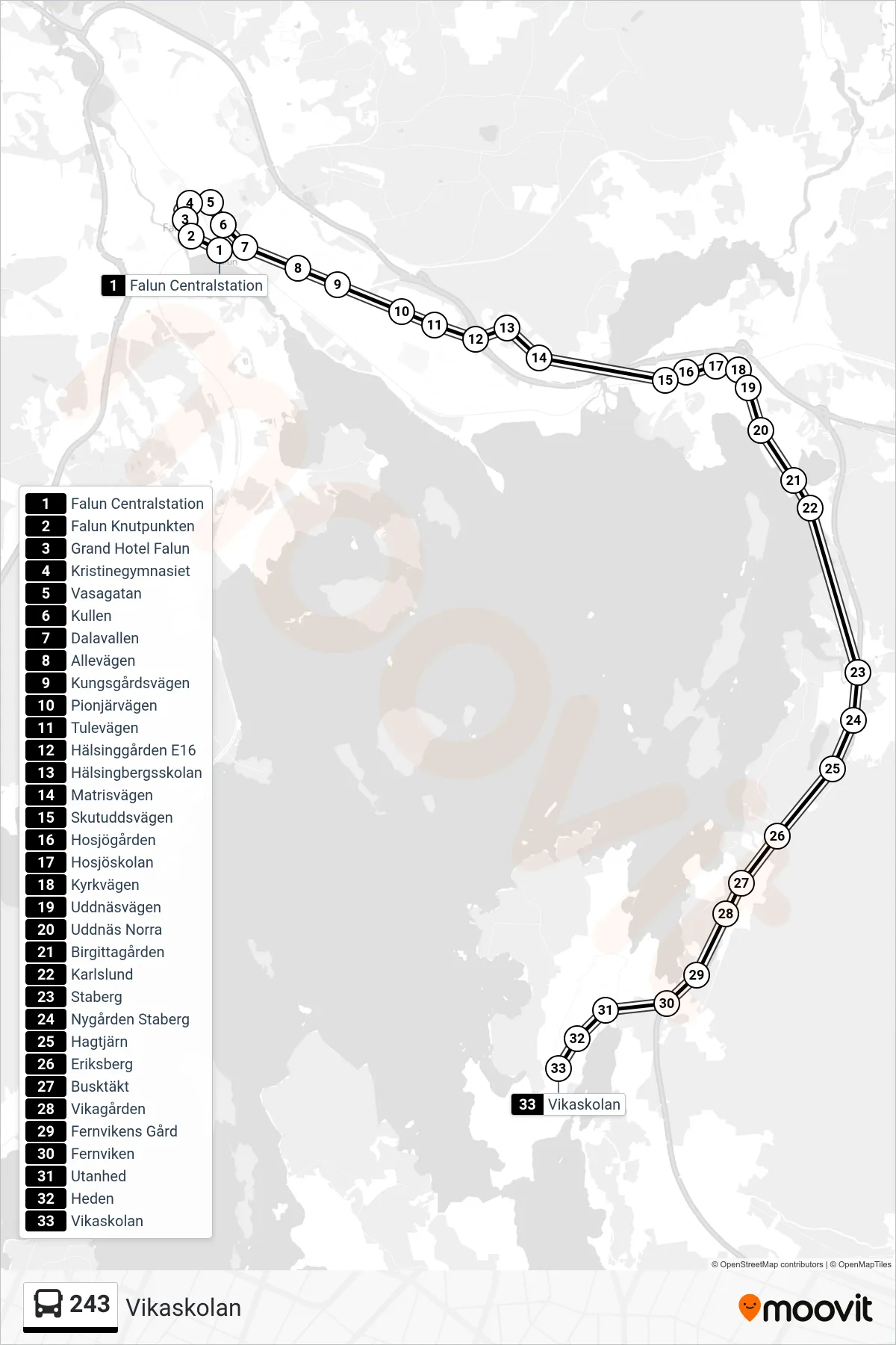 Rutt och hållplatser på karta för linje 243  spårvagn, (Vikaskolan)