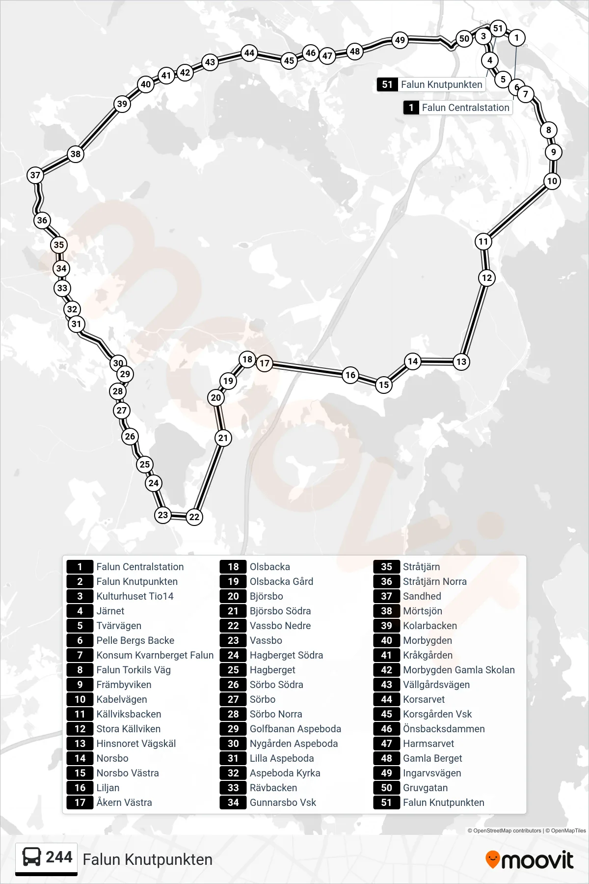 Rutt och hållplatser på karta för linje 244  spårvagn, (Falun Knutpunkten)