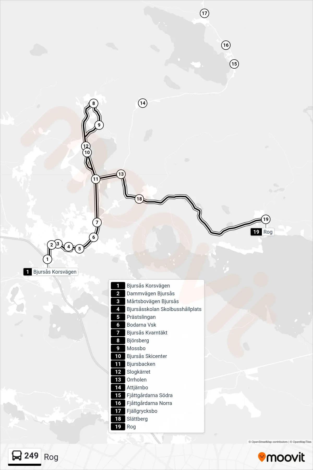 Rutt och hållplatser på karta för linje 249  spårvagn, (Rog)