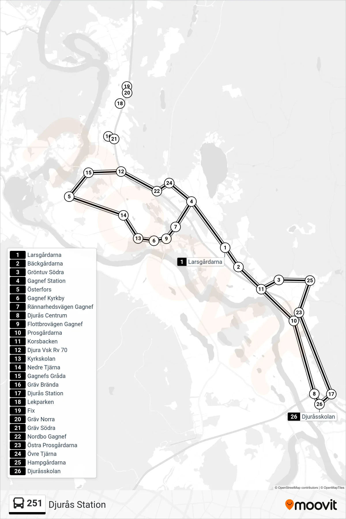 Rutt och hållplatser på karta för linje 251  spårvagn, (Djurås Station)