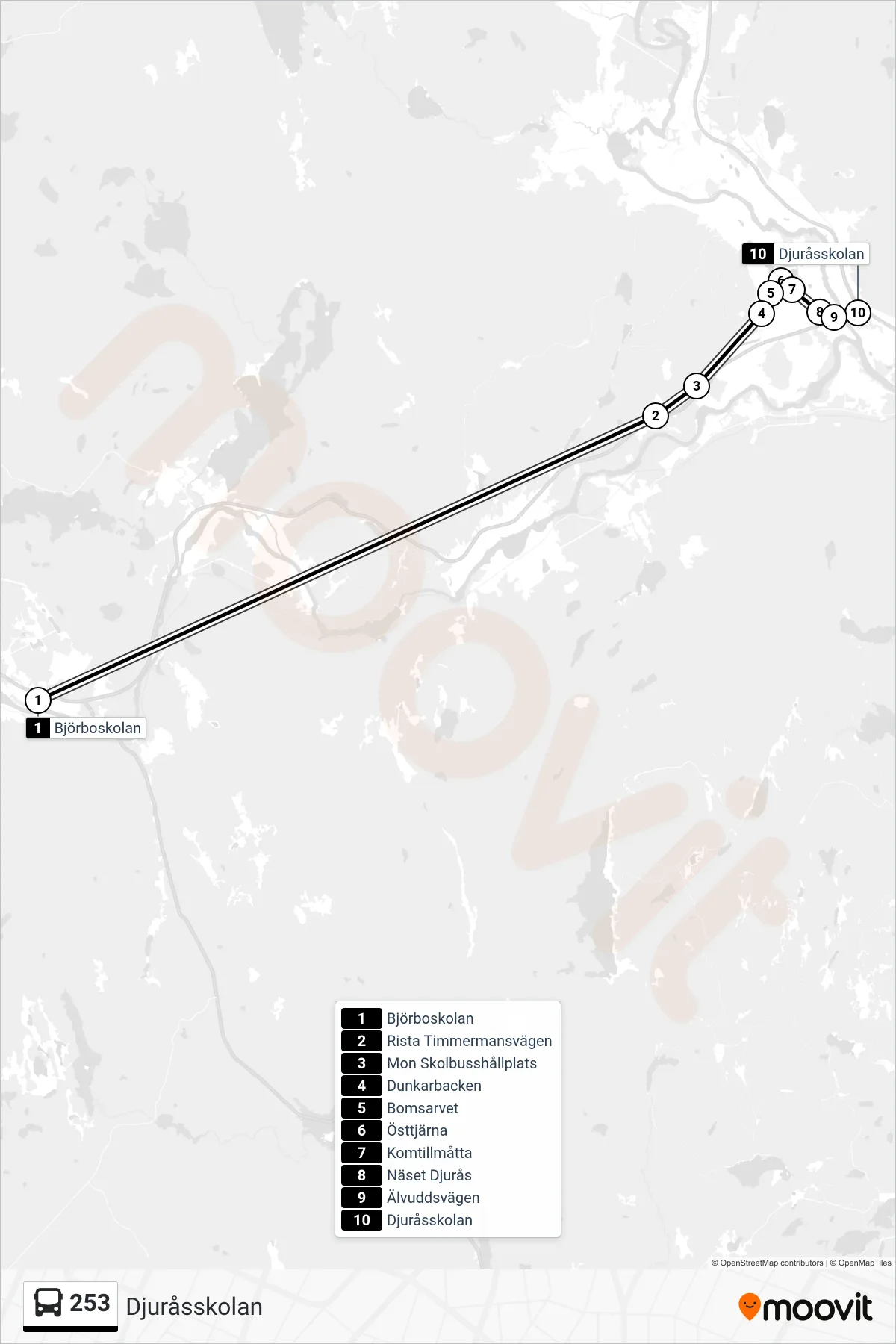 Rutt och hållplatser på karta för linje 253 spårvagn, (Djuråsskolan)