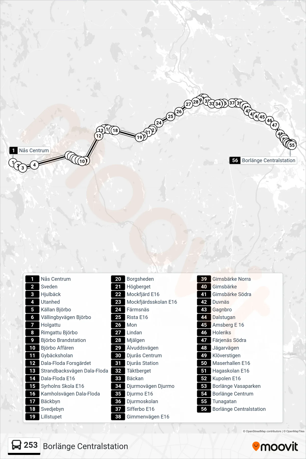 Rutt och hållplatser på karta för linje 253  spårvagn, (Borlänge Centralstation)