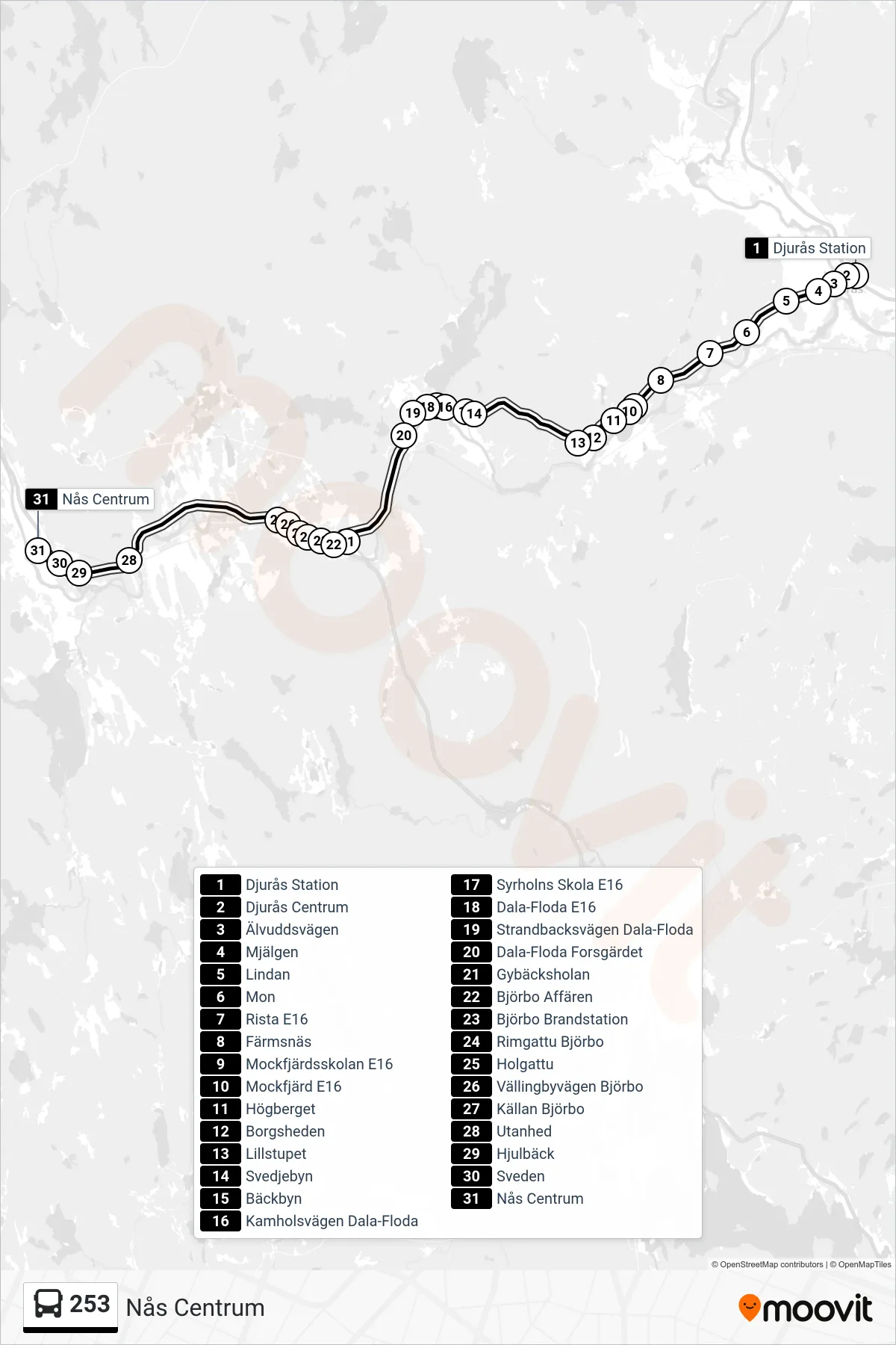 Rutt och hållplatser på karta för linje 253  spårvagn, (Nås Centrum)