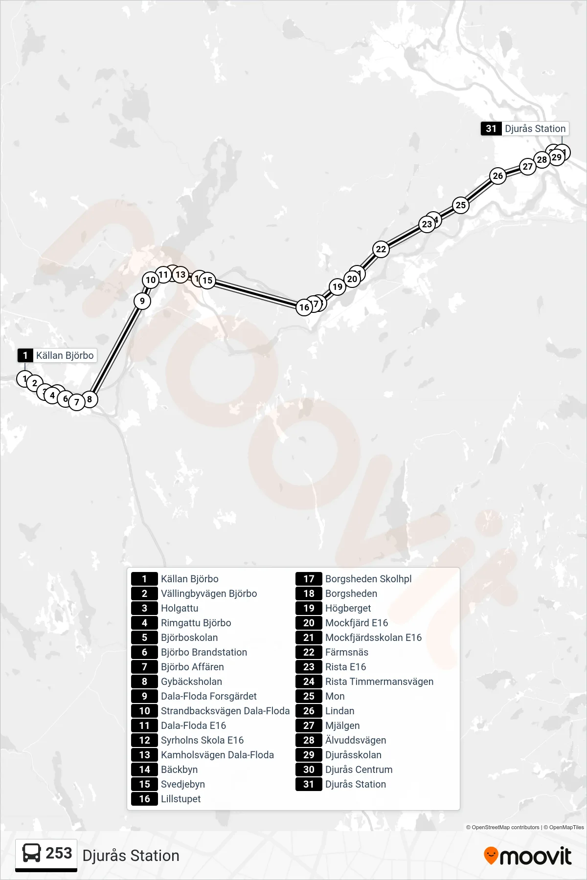 Rutt och hållplatser på karta för linje 253 spårvagn, (Djurås Station)