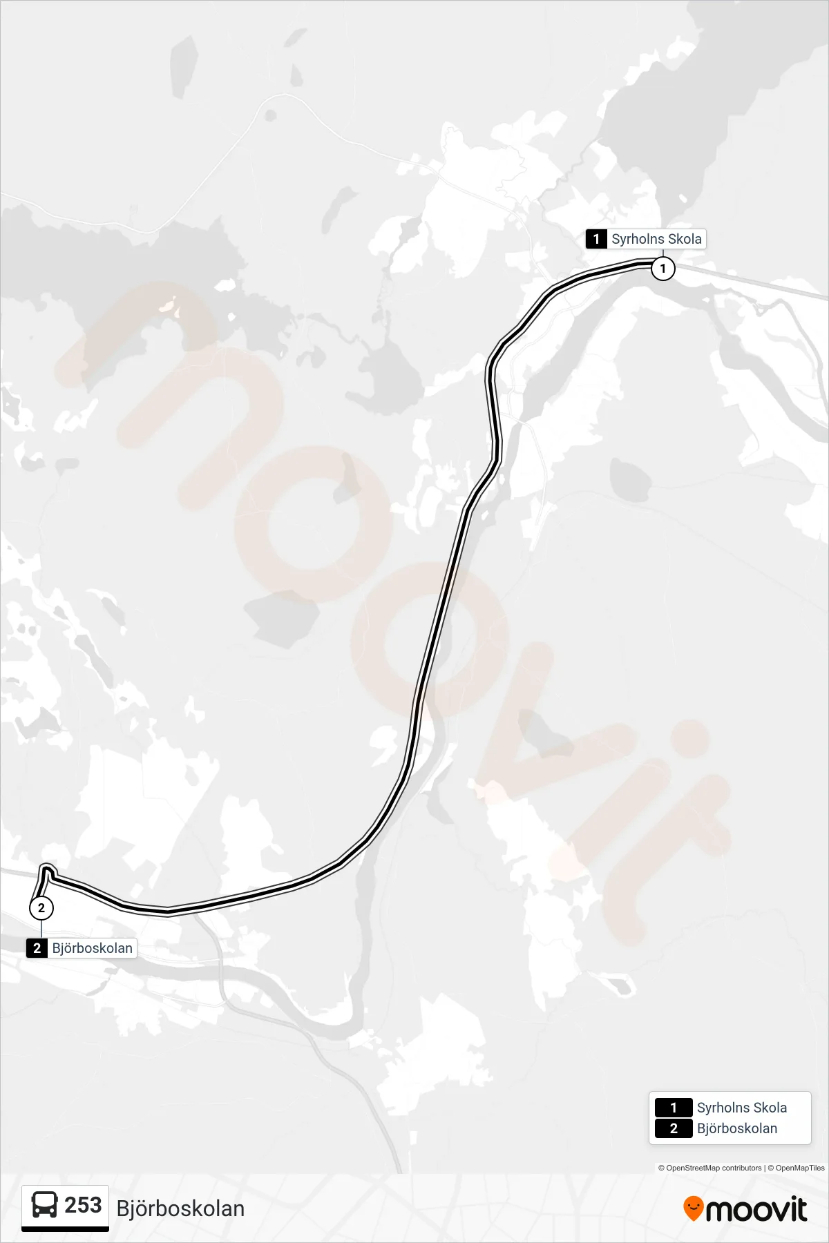 Rutt och hållplatser på karta för linje 253 spårvagn, (Björboskolan)