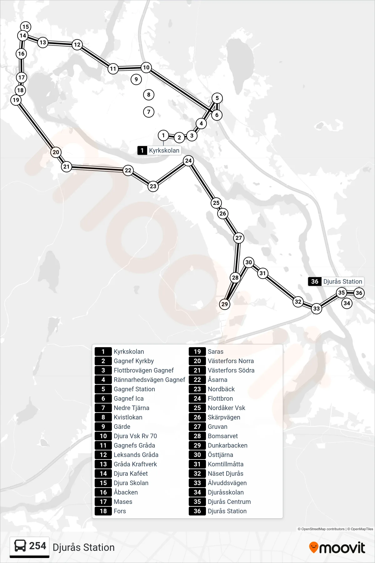 Rutt och hållplatser på karta för linje 254  spårvagn, (Djurås Station)
