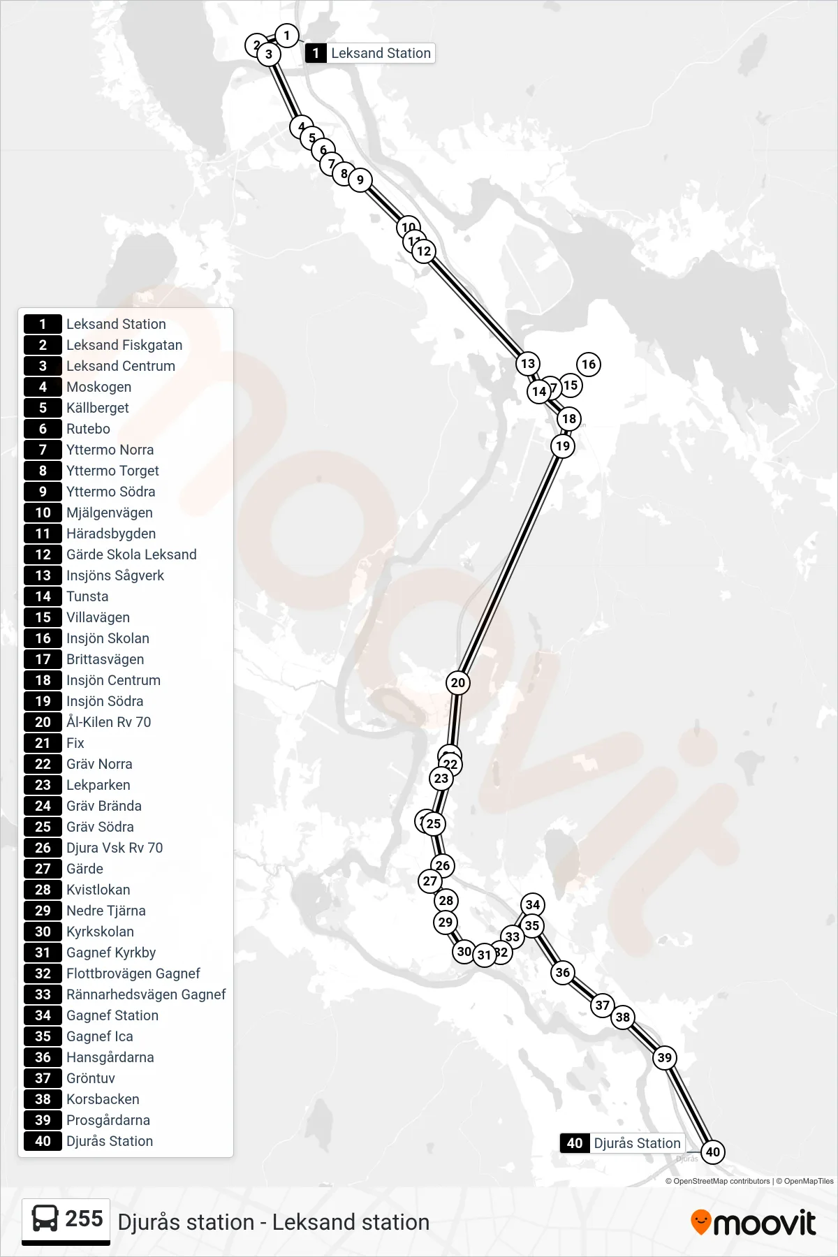Rutt och hållplatser på karta för linje 255  spårvagn, (Djurås Station)