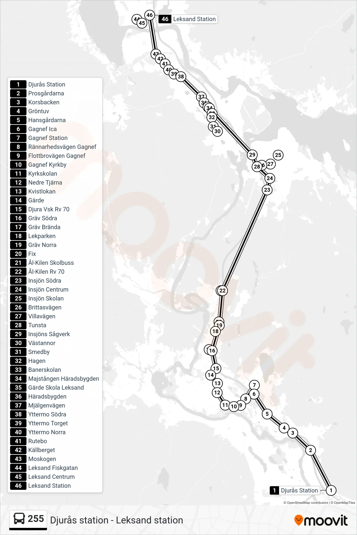 Rutt och hållplatser på karta för linje 255 spårvagn, (Leksand Station)