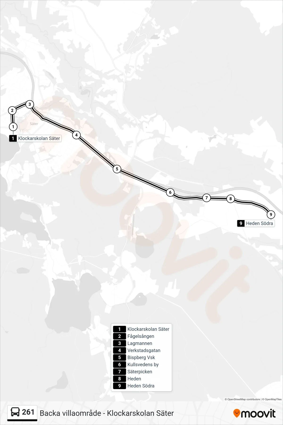 Rutt och hållplatser på karta för linje 261  spårvagn, (Heden Södra)