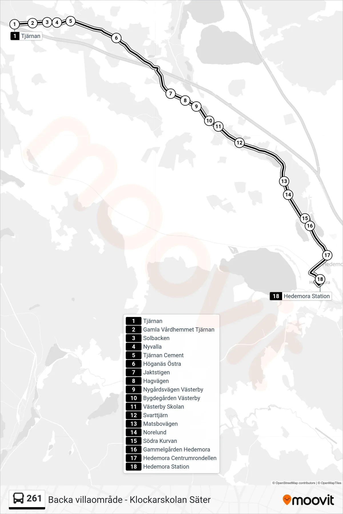 Rutt och hållplatser på karta för linje 261 spårvagn, (Hedemora Station)
